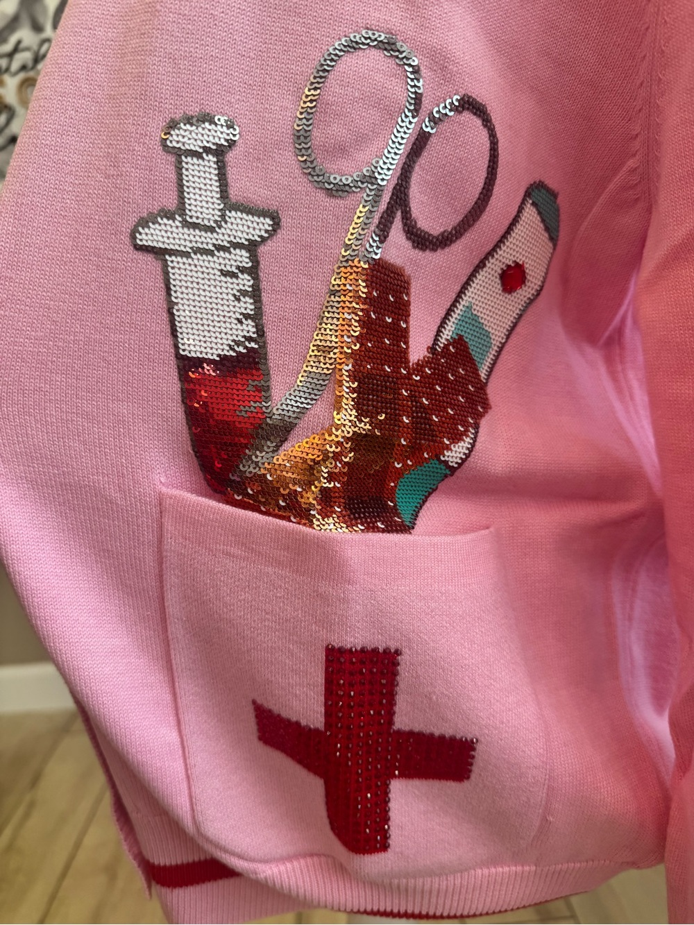 New! QUEEN OF SPARKLES Pink Sequin Medical Supply VβNeck Cardigan - Picture 6 of 10